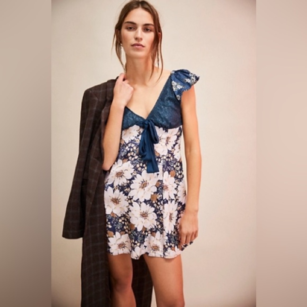 New Free People Aurora Mini Dress- Navy Combo
